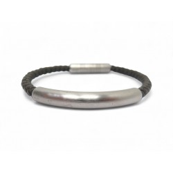 BRACELET HERMES TOTEM 17.5CM ACIER BROSSE ET EN CUIR TRESSE MARRON BANGLE 390€
