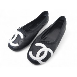 CHAUSSURES CHANEL BALLERINES CAMBON LOGO CC 40 CUIR MATELASSE NOIR SHOES 1020€