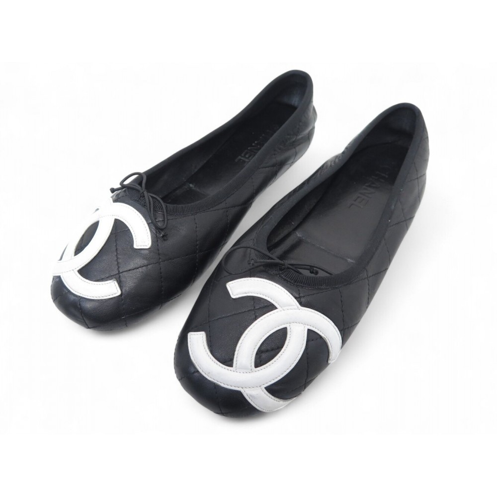CHAUSSURES CHANEL BALLERINES CAMBON LOGO CC 40 CUIR MATELASSE NOIR SHOES 1020€