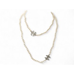 NEUF COLLIER CHANEL SAUTOIR PERLES STRASS ET LOGO CC 110CM METAL DORE NECKLACE