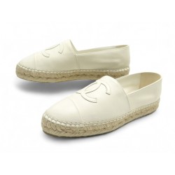 NEUF CHAUSSURES CHANEL ESPADRILLES LOGO CC G29762 37 CUIR BLANC NEW SHOES 860€
