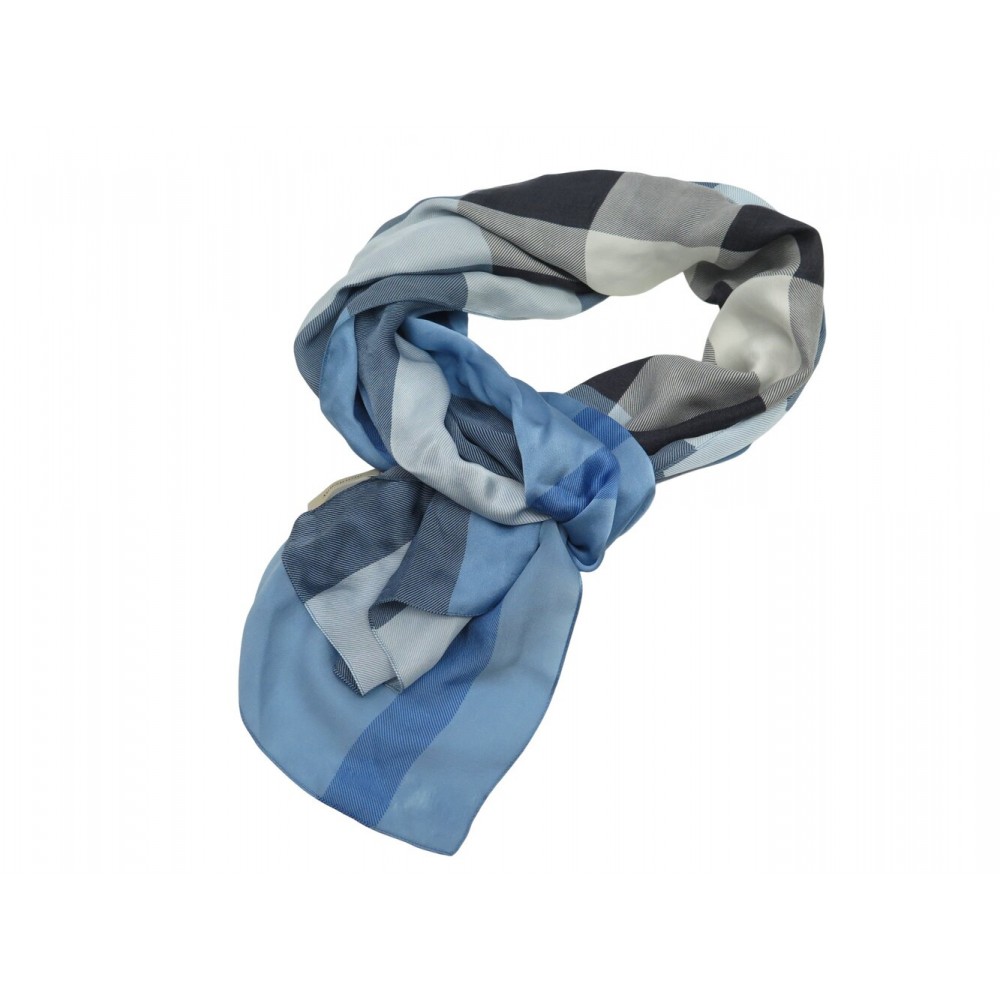 CHALE BURBERRY ETOLE MOTIF TARTAN 65 X 186 CM FOULARD EN SOIE BLUE SHAWL 495€