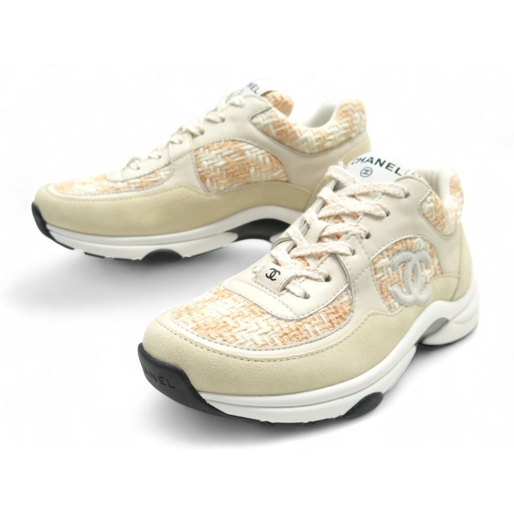 NEUF CHAUSSURES CHANEL BASKETS G38299 37 EN TWEED & CUIR LOGO CC SNEAKERS 1350€