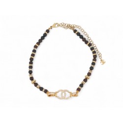 NEUF COLLIER RAS DE COU CHANEL LOGO CC STRASS ET PERLES NOIRES EN BOIS NECKLACE