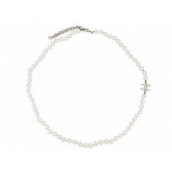 NEUF COLLIER DE PERLES CHANEL LOGO CC ARGENTE AVEC STRASS 62 70 CM NECKLACE NEW