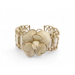 NEUF BRACELET CHANEL MANCHETTE CAMELIA EMAIL CHAINE DOREE & TISSU BANGLE 1590€