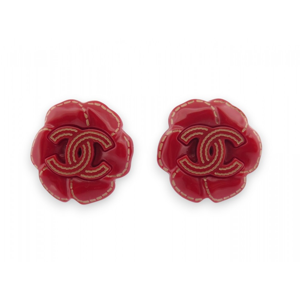 NEUF BOUCLES D'OREILLES CHANEL CAMELIA LOGO CC 2005 RESINE ROUGE EARRINGS 690€