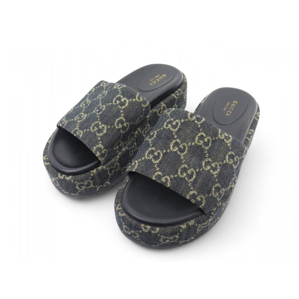 NEUF CHAUSSURES GUCCI 623212 MULES SLIDE DENIM GG 36.5 IT 37.5 FR SANDALES 595€