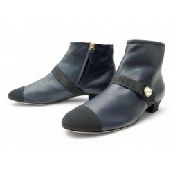 NEUF CHAUSSURES BOTTINES CHANEL G33994 39.5 EN CUIR BLEU MARINE ET TOILE 1550€