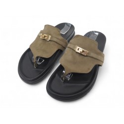 CHAUSSURES HERMES SANDALES EMPIRE H231071Z TONG DAIM KAKI ET CUIR 39 SHOES 990€ CHAUSSURES HERMES SANDALES EMPIRE H231071Z TONG DAIM KAKI ET CUIR 39 SHOES 990€
