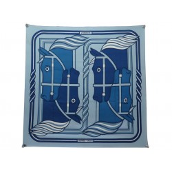 FOULARD HERMES QUADRIGE CARRE 90 PIERRE PERON SOIE BLEUE BOITE SILK SCARF 530€