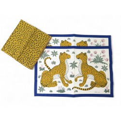 VINTAGE LOT HERMES 2 SETS DE TABLE ET 2 SERVIETTES LEOPARDS EN COTON + BOITE