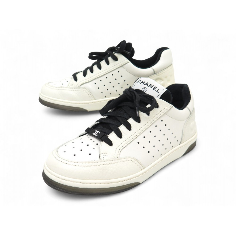CHAUSSURES CHANEL BASKETS G38808 37 EN CUIR BLANC WHITE LOW LEATHER SHOES 1500€