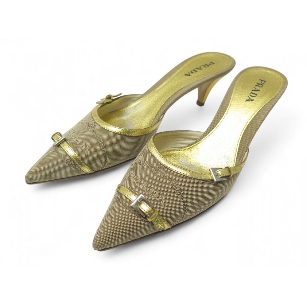 CHAUSSURES SANDALES MULES PRADA CUIR DORE ET TOILE LOGO 40 IT 41 FR SHOES 1100€