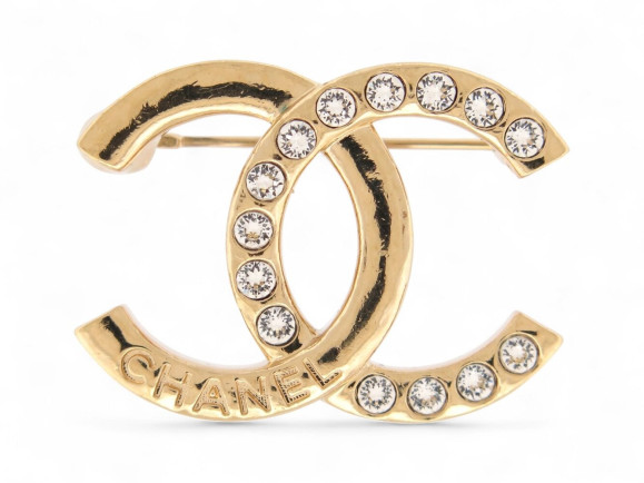  broche chanel logo cc strass 2024 en metal dore