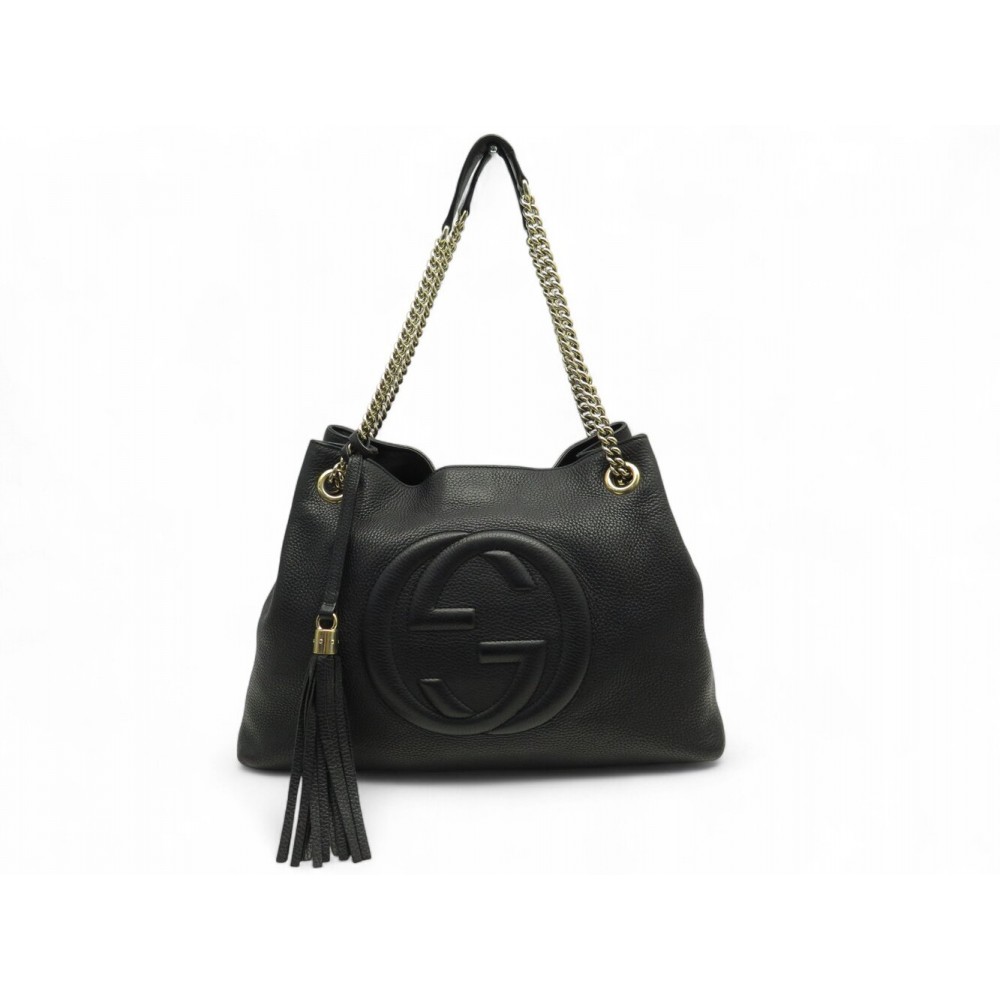SAC A MAIN GUCCI CABAS SOHO 536196 LOGO GG CUIR GRAINE NOIR HAND BAG PURSE 2300€