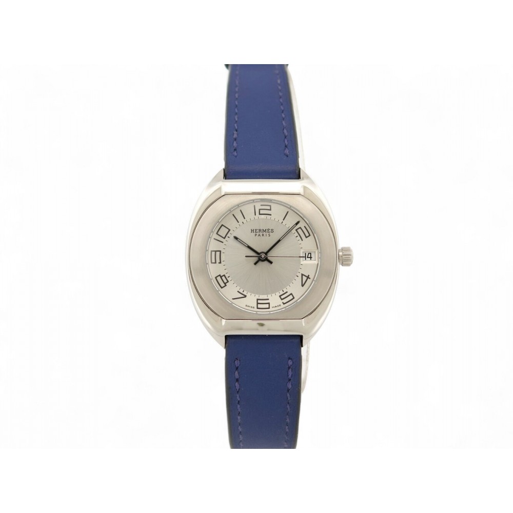 VINTAGE MONTRE HERMES ESPACE ES2.210 QUARTZ 33 MM ACIER CUIR +POCHON BLUE WATCH