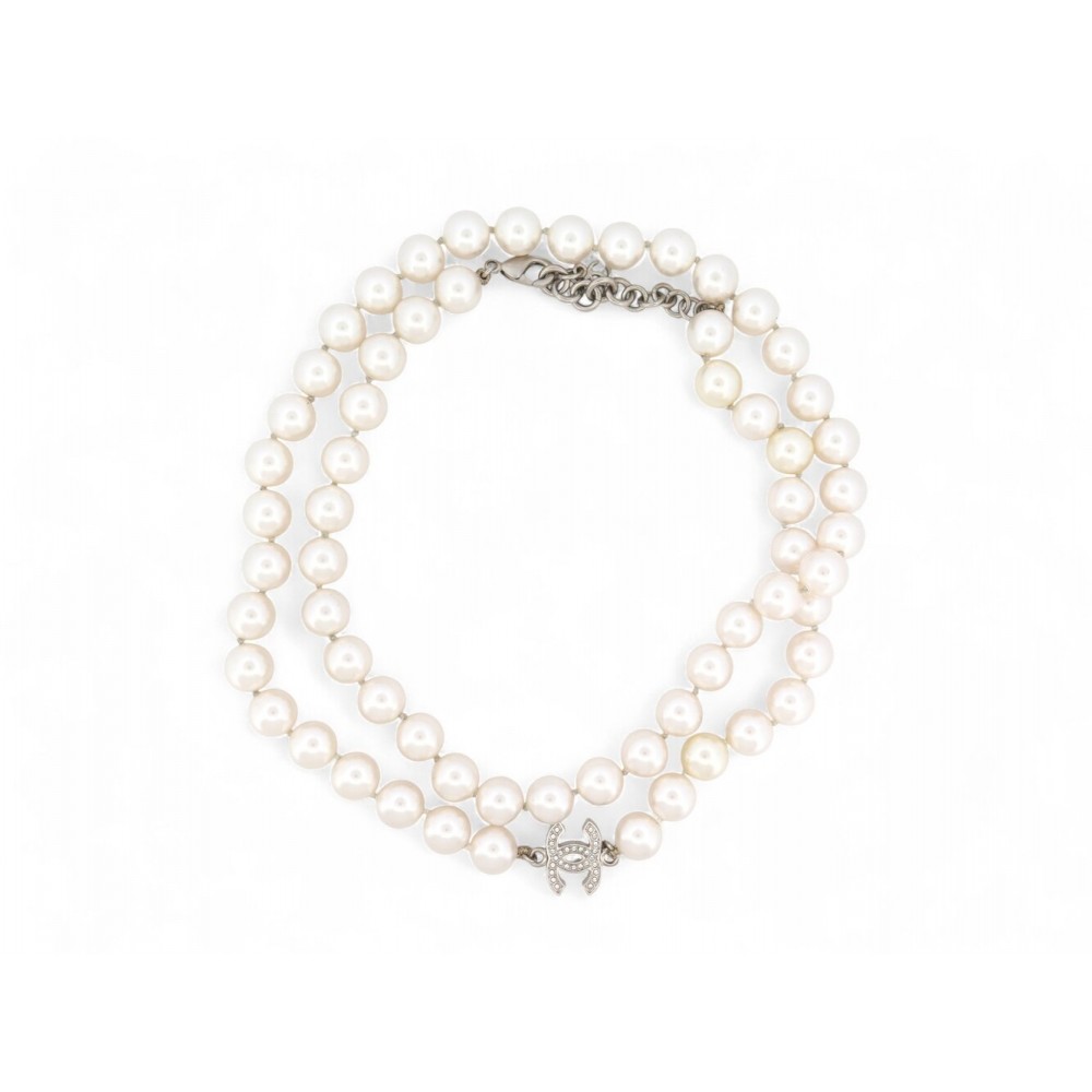 NEUF COLLIER CHANEL SAUTOIR 2023 LOGO CC EN PERLES CHAINE ARGENTE NECKLACE 1190€
