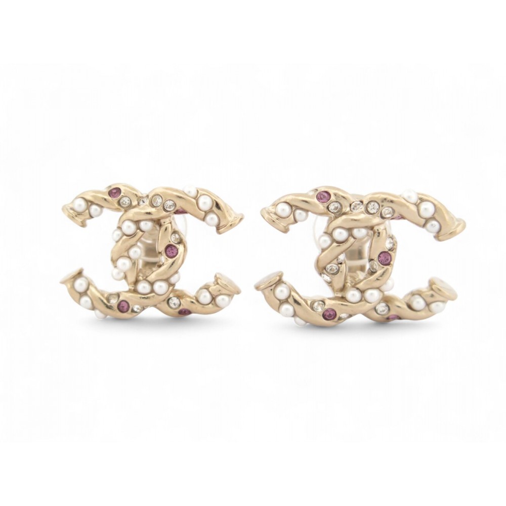 NEUF BOUCLES D'OREILLES CHANEL LOGO CC PERLES STRASS DORE + BOITE EARRINGS 650€