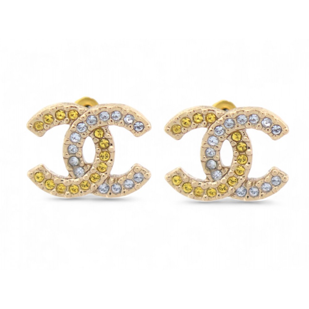 NEUF BOUCLES D'OREILLES CHANEL LOGO CC ET STRASS PUCES METAL DORE EARRINGS 650€