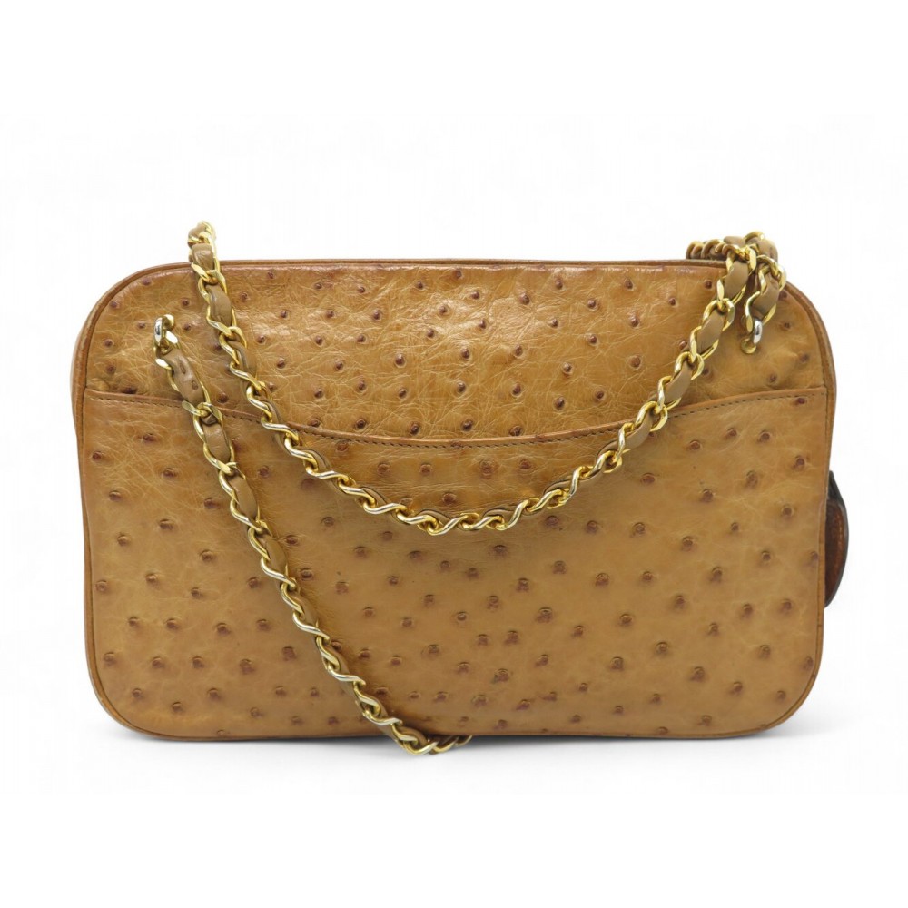VINTAGE SAC A MAIN CHANEL CAMERA CUIR AUTRUCHE GOLD BANDOULIERE HAND BAG PURSE