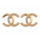 NEUF BOUCLES D'OREILLES CHANEL LOGO CC STRASS METAL DORE + BOITE EARRINGS 650€