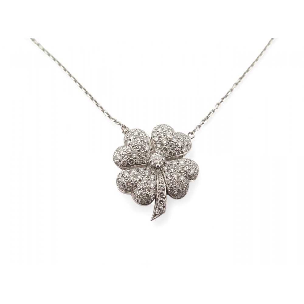 COLLIER PENDENTIF FLEUR CAMELIA OR BLANC 18K 119 DIAMANTS 1.63CT 9.3GR NECKLACE