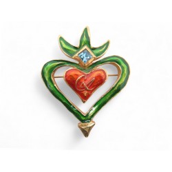 NEUF VINTAGE BROCHE CHRISTIAN LACROIX COEUR EN EMAIL VERT & ROUGE STRASS BROOCH