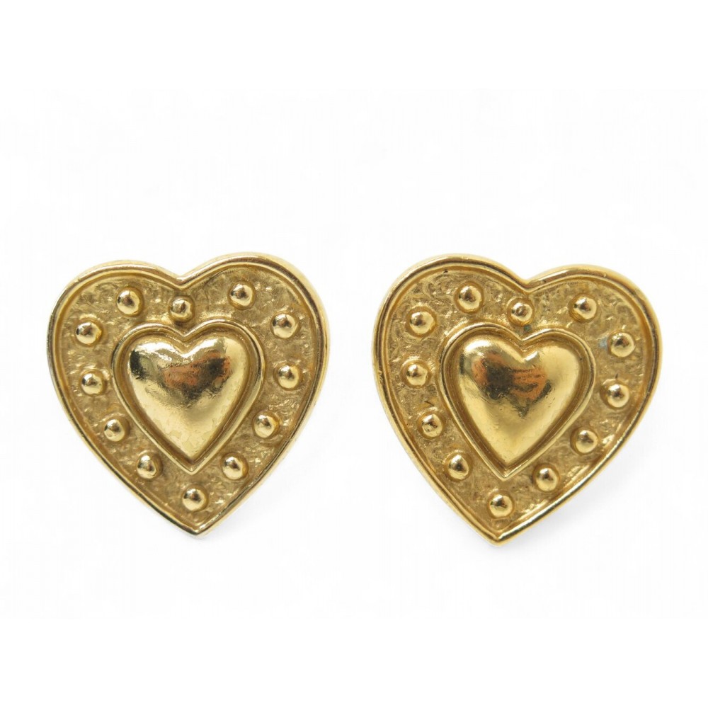 VINTAGE BOUCLES D'OREILLES YVES SAINT LAURENT COEUR A CLIP METAL DORE EARRINGS