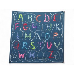 FOULARD HERMES FAUNE LETTREE FLORENCE MANLIK CARRE 90 SOIE BLEU SILK SCARF 530€