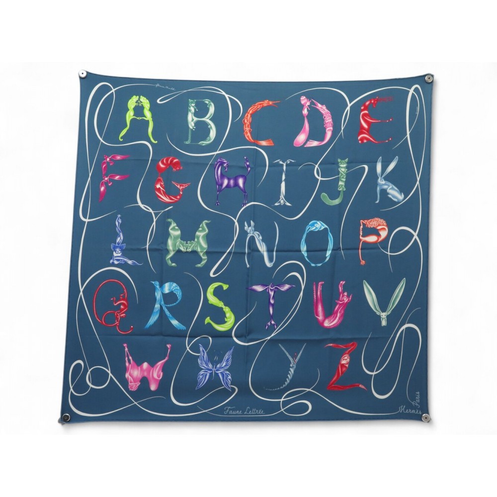 FOULARD HERMES FAUNE LETTREE FLORENCE MANLIK CARRE 90 SOIE BLEU SILK SCARF 530€