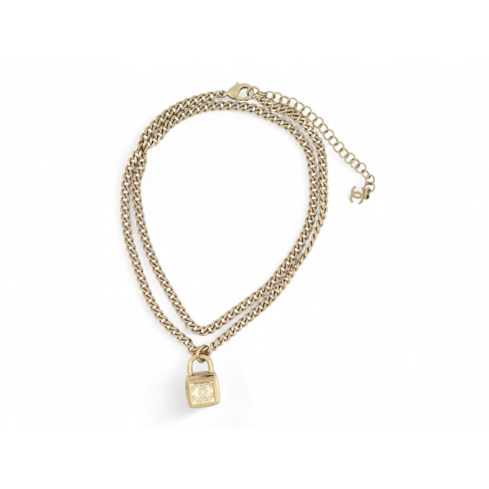 NEUF COLLIER CHANEL CADENAS LOGO CC STRASS EN METAL DORE 48-65CM NECKLACE 1200€