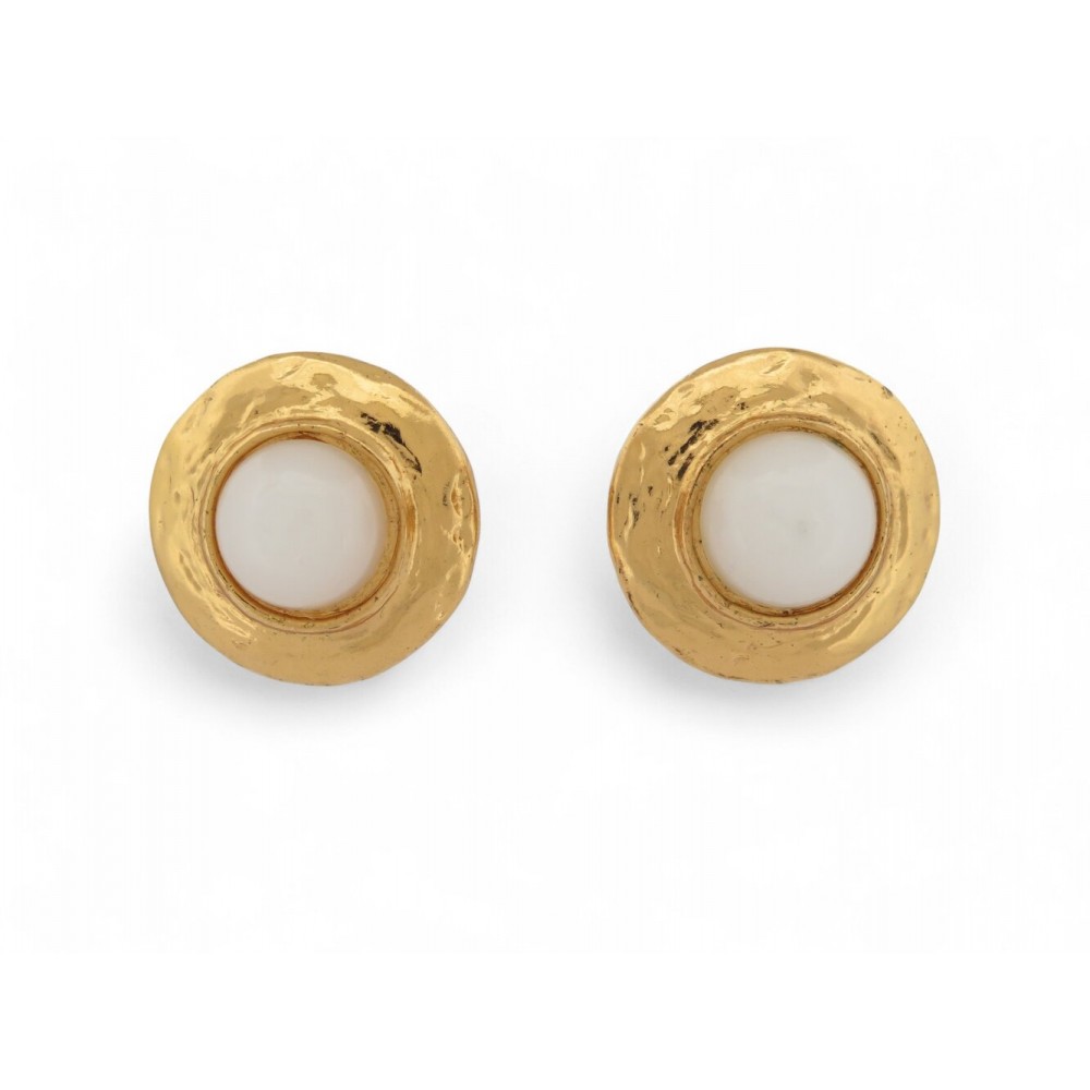 VINTAGE BOUCLES D'OREILLES YVES SAINT LAURENT PUCES RONDES PERLES VERRE EARRINGS