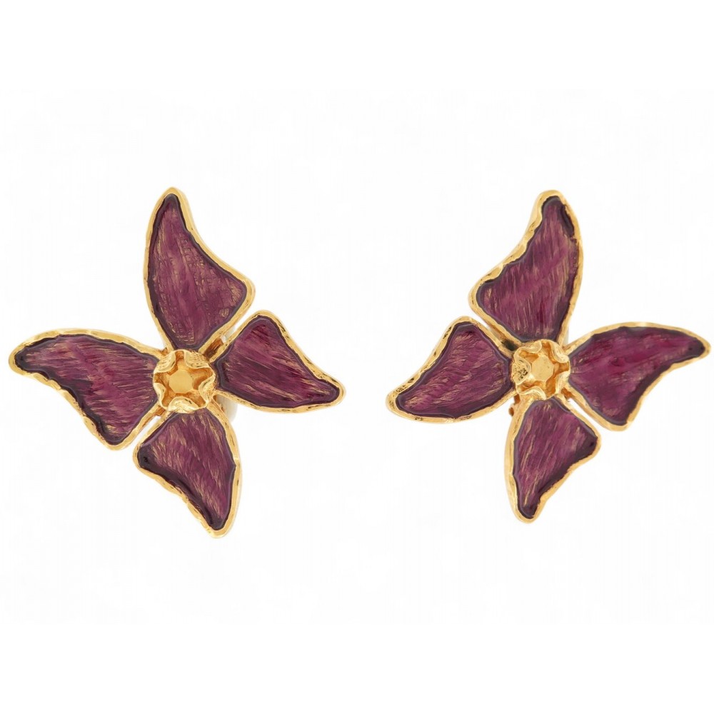 VINTAGE BOUCLES D'OREILLES YVES SAINT LAURENT PAPILLONS EMAIL VIOLETTE EARRINGS