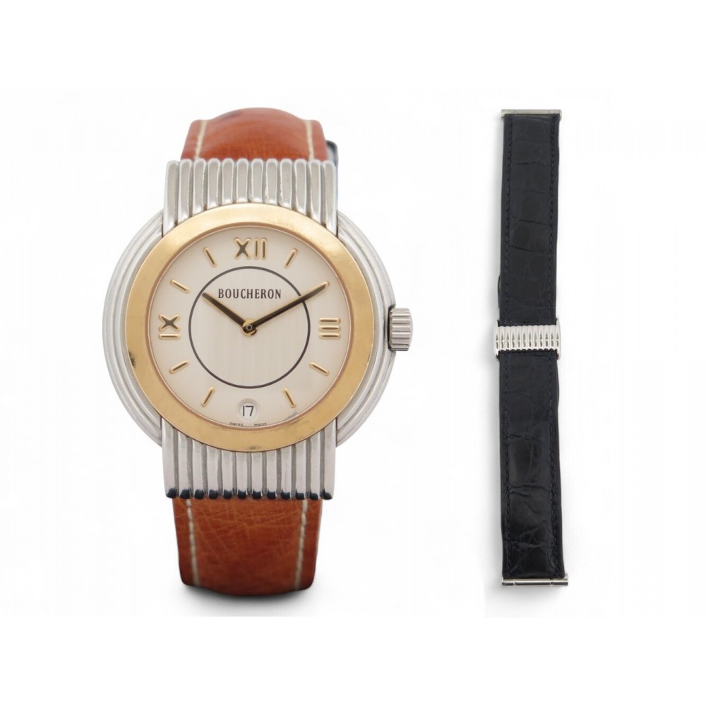 MONTRE BOUCHERON SOLIS OR 18K & ACIER BRACELET CROCO AUTRUCHE QUARTZ WATCH 2900€