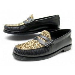NEUF CHAUSSURES CELINE LUCO MOCASSINS 35 CUIR NOIR POULAIN LEOPARD LOAFERS 850€