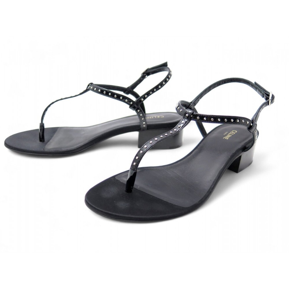 CHAUSSURES CELINE TONGS 35 SANDALES DETAILS CLOUS CUIR VERNIS NOIR SHOES 790€