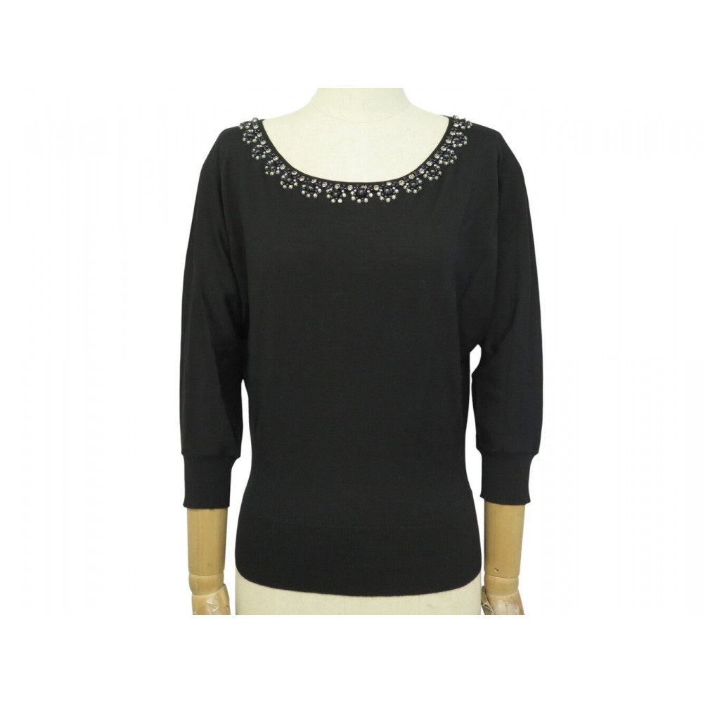 NEUF PULL CHRISTIAN DIOR COL ROND STRASS PERLES NOIRES M 40 LAINE SWEATER 2000€