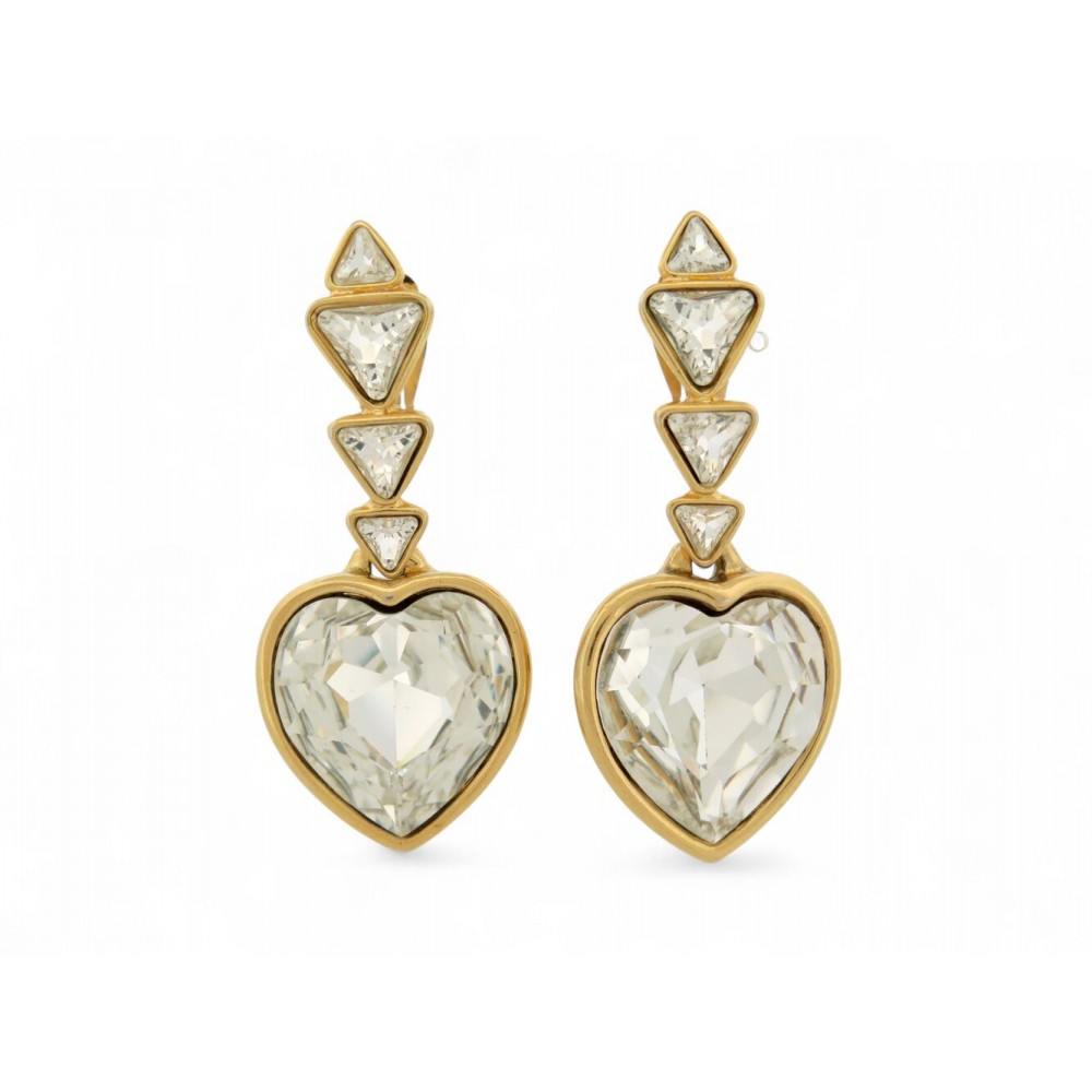 VINTAGE BOUCLES D'OREILLES YVES SAINT LAURENT PENDANTES COEUR CRISTAL EARRINGS