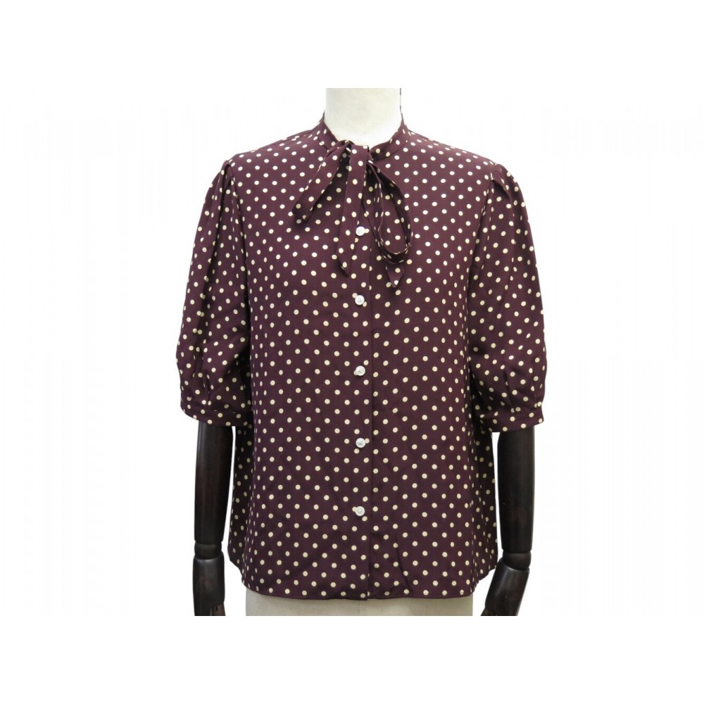 BLOUSE CELINE A POIS AVEC NOEUD DEVANT 36 S SOIE BORDEAUX POLKA DOTS TOP 1450€