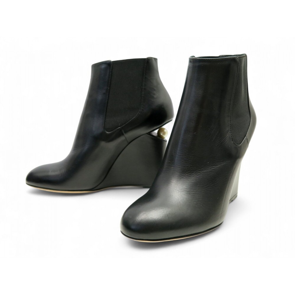 NEUF CHAUSSURES BOTTINES CHANEL PERLE LOGO CC G30737 36.5 CUIR ANKLE BOOTS 1700€