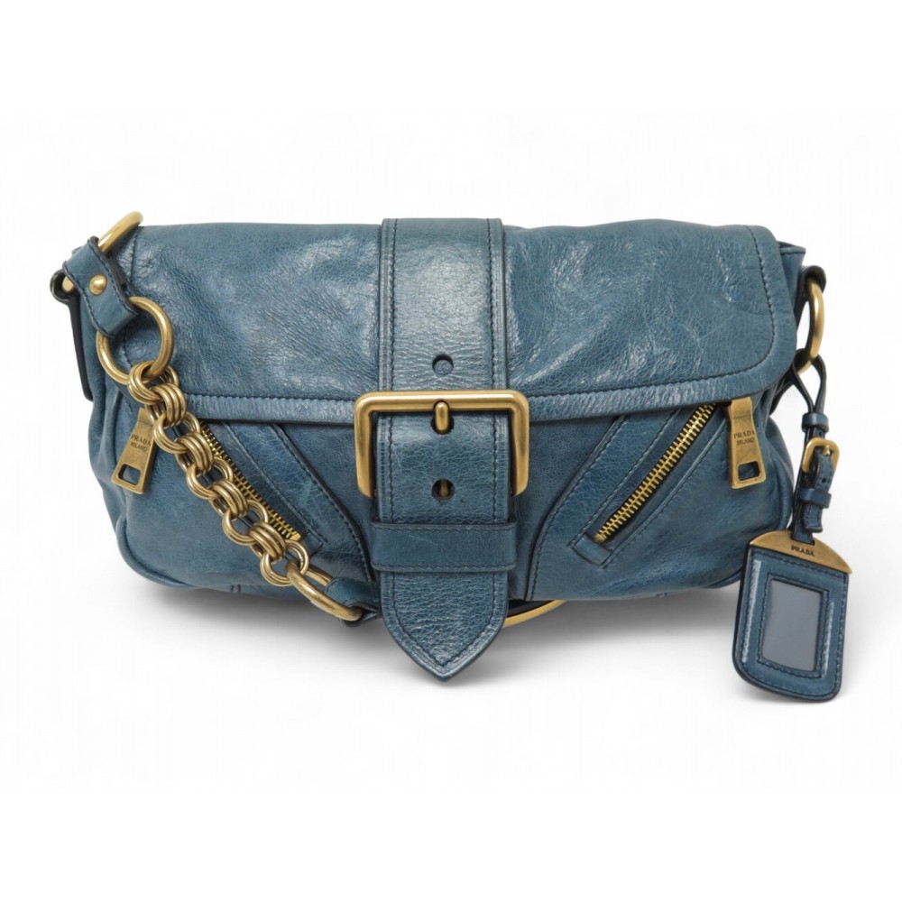 SAC A MAIN PRADA BR4161 BAGUETTE EN CUIR VITELLO SHINE BLEU DENIM HAND BAG 2800€