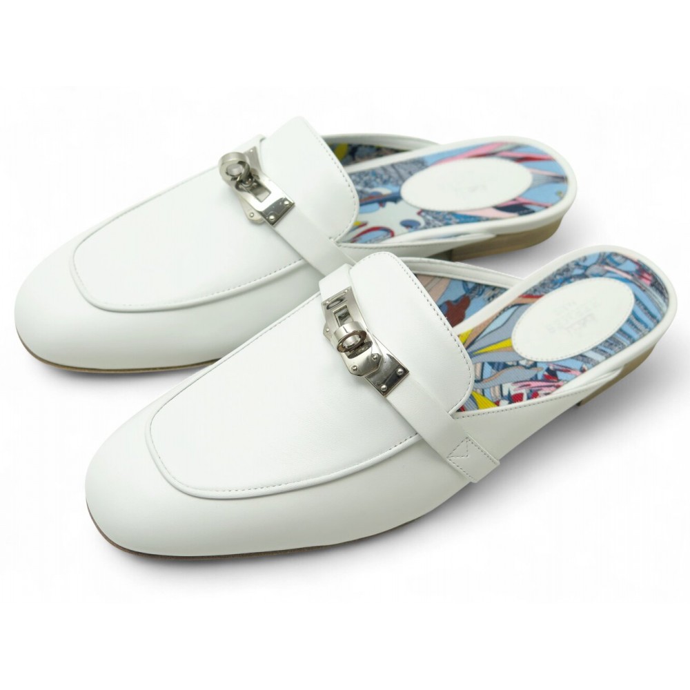 NEUF CHAUSSURES HERMES MULES OZ H201075Z 38 CUIR BLANC FERMOIR KELLY SHOES 1000€