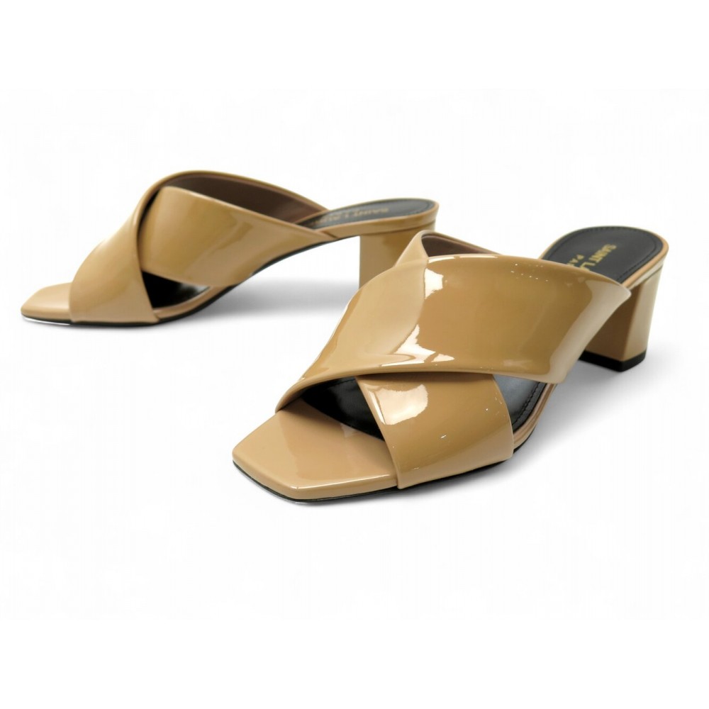 NEUF CHAUSSURES SAINT LAURENT 509359 MULES LOULOU 50 36.5 CUIR VERNIS BEIGE 750€