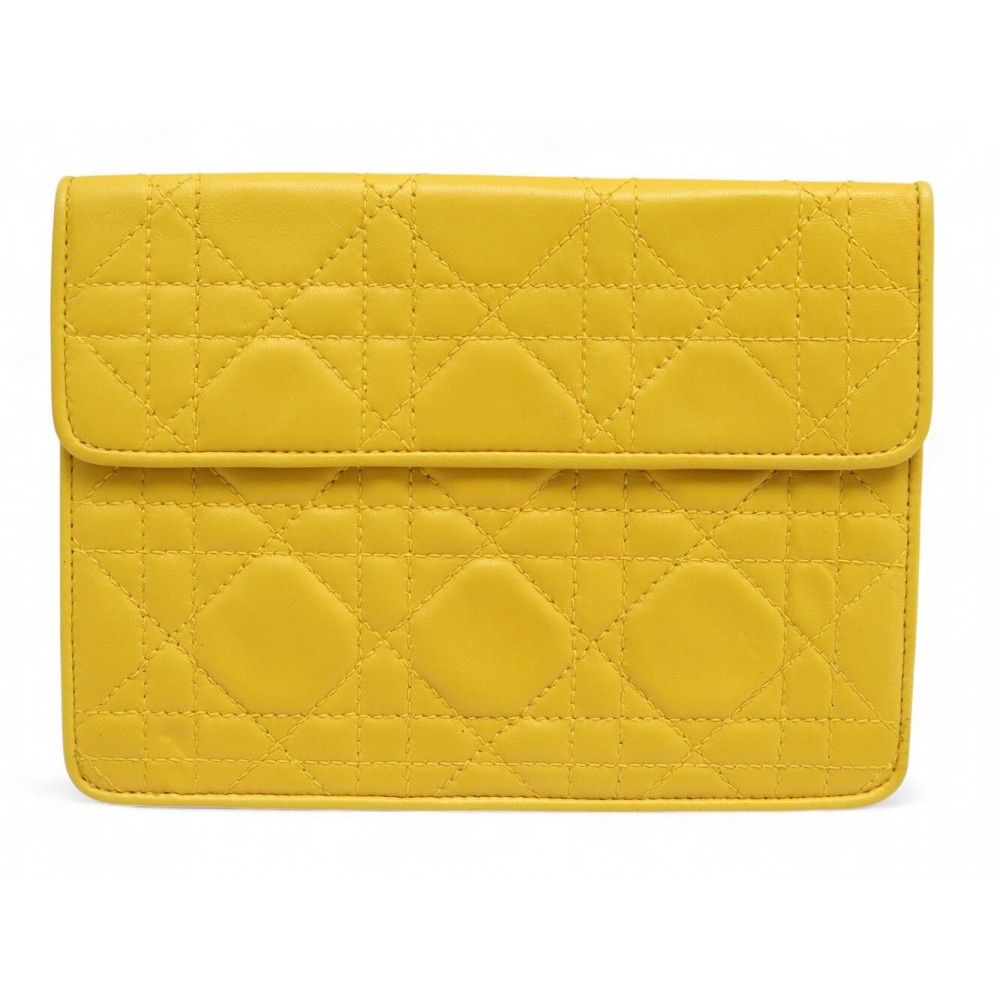 NEUF SAC A MAIN CHRISTIAN DIOR POCHETTE LADY EN CUIR CANNAGE JAUNE NEW POUCH BA