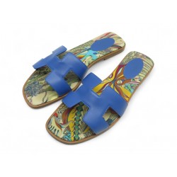 CHAUSSURES HERMES ORAN CUIR BLEU ZANZIBAR H201137Z 38.5 POCHON BOITE SHOES 610€