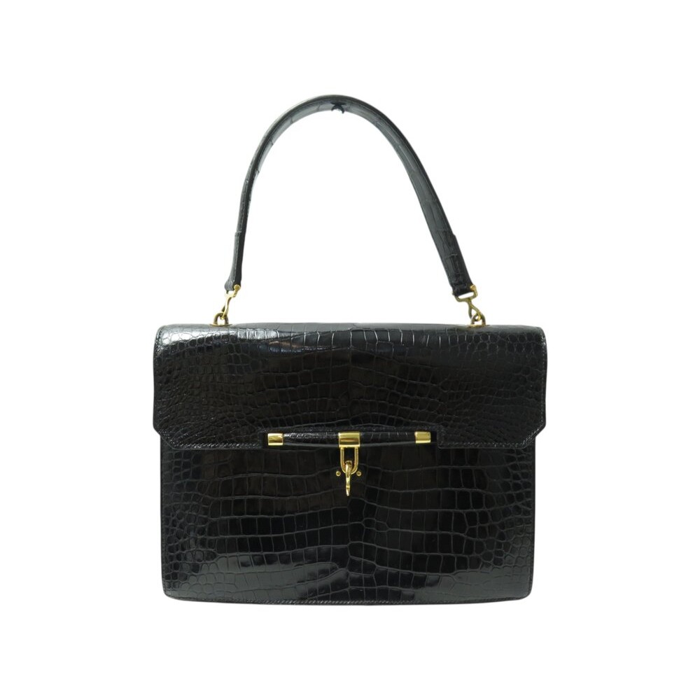 VINTAGE SAC A MAIN HERMES PALONNIER EN CUIR DE CROCODILE NOIR LEATHER HAND BAG
