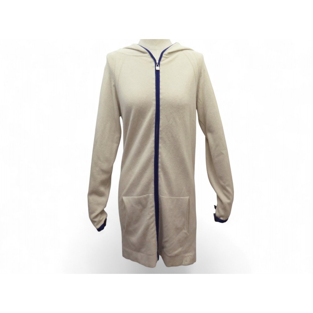 GILET LONG CHANEL ZIP CAPUCHE BANDES SPORT P35238K02024 S 36 EN CACHEMIRE 5800€
