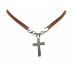 COLLIER DIOR PENDENTIF CROIX ARGENT MASSIF 925 ET LIEN CUIR MARRON NECKLACE 600€