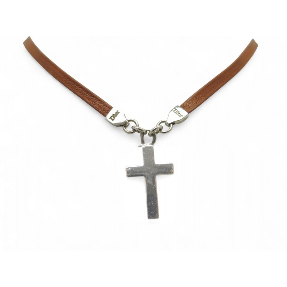 COLLIER DIOR PENDENTIF CROIX ARGENT MASSIF 925 ET LIEN CUIR MARRON NECKLACE 600€
